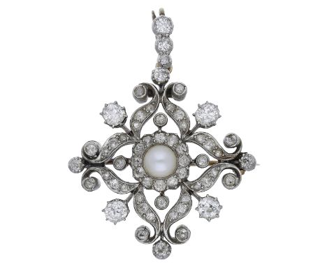 A pearl and diamond brooch/pendant, circa 1890, the pierced lozenge-shaped brooch with scroll and flowerhead detailing, set t