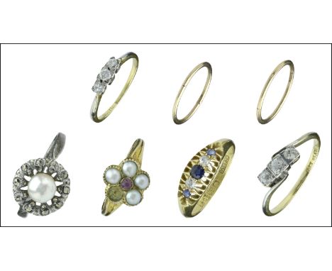 A collection of rings,  comprising an 18ct gold sapphire and diamond five stone two three stone diamond rings, shanks stamped