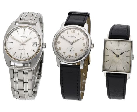 Garrard. Three stainless steel wristwatches, circa 1960 & 1970. Movements: 1st: automatic; 2nd & 3rd: manual winding. Dials: 