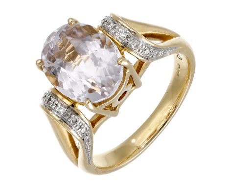 A gem-set ring, the oval-cut gemstone between looped shoulders set with brilliant-cut diamonds, mounted in 18ct gold, UK hall