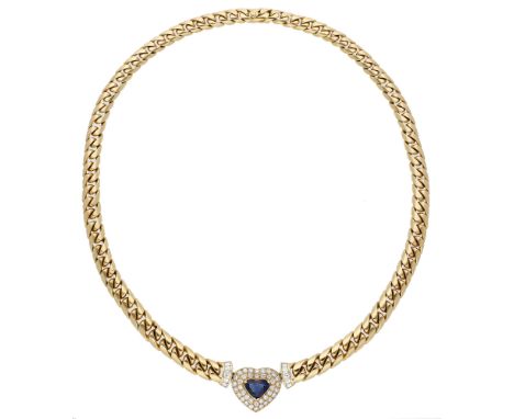 A sapphire and diamond necklace by Adler, the curb-link chain leading to terminals each set with step and brilliant-cut diamo