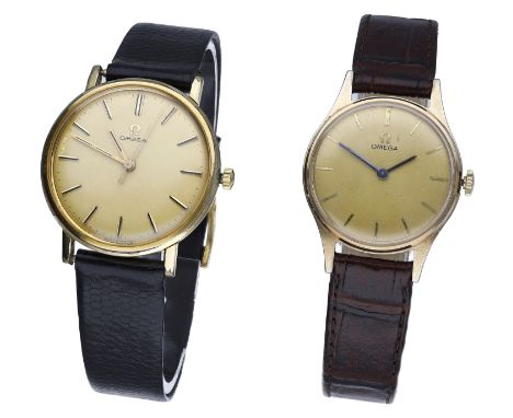 Omega. Two gold plated watches, circa 1960. Movements: manual winding, 1st: 25019078; 2nd: 19313423. Dials: gilt. Cases: gold