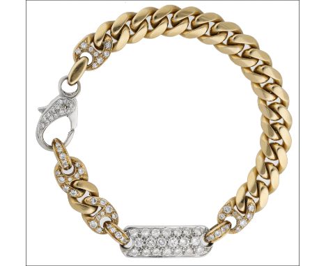 An 18ct gold and diamond bracelet, the polished curb-link chain spaced by a brilliant-cut diamond panel, with similarly-set l