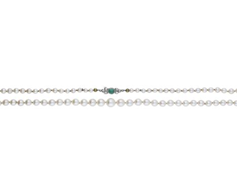 A cultured pearl necklace, the graduated strand of cultured pearls terminating in an emerald cabochon and transitional-cut di