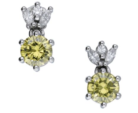 A pair of diamond earrings, each foliate surmount set with brilliant and marquise-cut diamonds and suspending a brilliant-cut