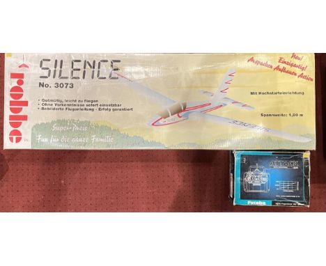 A Robbe Silence (No. 3073) glider, foam, with decals and bungee set, 1.8m wingspan, together with a Futaba Attack (model 2DR-