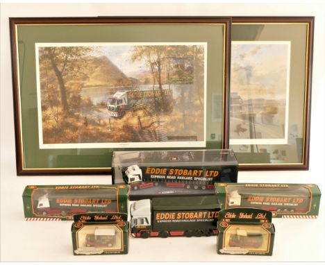 A pair of framed Ltd edition Eddie Stobart prints "The Lone Trucker" and "Lake District" signed by the artist, together with 