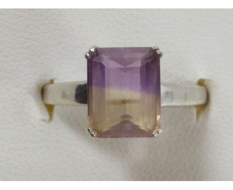 A 9ct white gold and step cut Ametrine dress ring, M 1/2, 3gm 