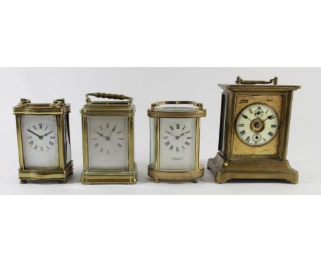 A Gorge cased 8 day carriage clock striking the hours and halves on a gong - 13cm tall, together with three other manual wind