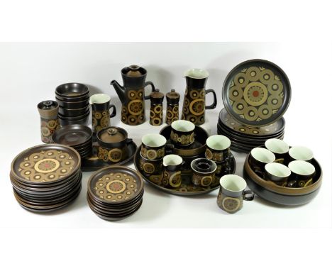 A sixty three piece Denby dinner/tea service 'Arabesque' pattern by Gill Pemberton, rich colours of brown, gold and rustic re