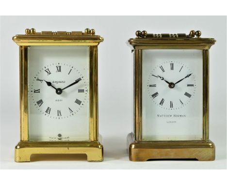 A Matthew Norman of London - 8 day carriage clock, brass cased, bevel edge glass panels with white enameled dial, movement in
