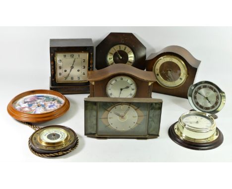 A collection of mid 20th century and later mantle clocks, wall clocks and barometers to include a Rotherham 8 day example, a 
