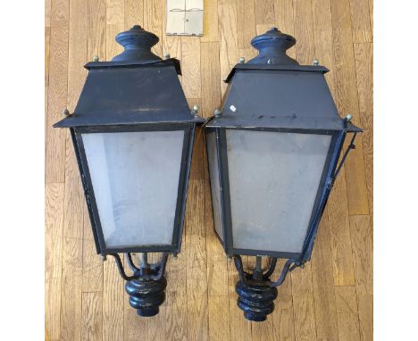 A pair of Victorian style post lanterns, cast iron frog collar & bracket, painted aluminium casing, with hinged panel to reve