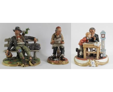 A Capodimonte figurine of a hobo seated on a bench, created by D.Bonalberti, makers mark to base, H22cm, together with a Capo