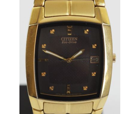 Citizen Eco-Drive, a light powered gold plated date gentleman's wristwatch, 32mm, charged by sunlight. 