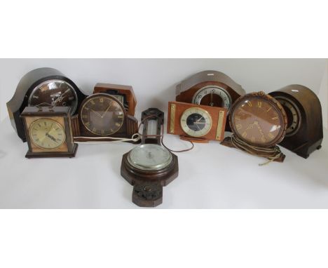 A collection of mid 20th century and later mantle clocks, carriage clocks, wall clocks and barometers, to include an Art Deco