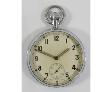 A chrome plated G.S.T.P. keyless wind military pocket watch, numbered Q19216 Broad Arrow, spares or repair 