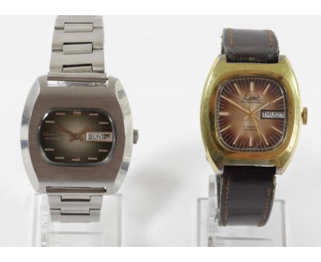 Omax a stainless steel manual wind day/date green dial gentleman's wristwatch, 38mm and a Limit gilt metal day/date wristwatc
