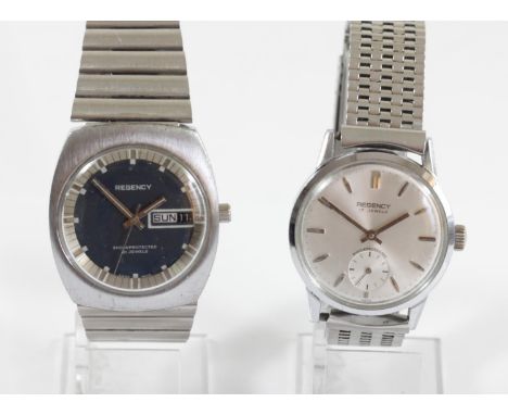 Regency, a stainless steel day/date manual wind gentleman's wristwatch, 34mm and another with subsidiary seconds dial (2)