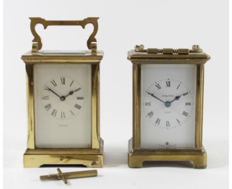 An Oclee &amp; Son of Folkestone 8 day carriage clock, brass cased bevel edged glass panels with white enameled dial with rom