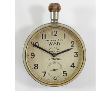 A nickel cased War Department keyless wind pocket watch, the dial inscribed G. Davenport &amp; Co Ltd., W broad arrow D, 8 da