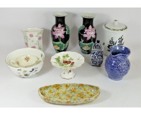 A collection of glass and ceramics to include a pair of Chinese flora vases, Royal Winton bon-bon dish, a Royal Worcester lid