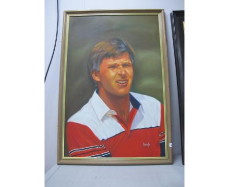 Golf - Portrait of Nick Faldo in Red Pringle Shirt, oil on canvas, 90 x 59.5cm.