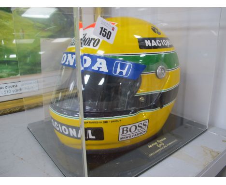 Ayrton Senna - Replica Formula 1 Helmet, painted by Sid Mosca - Brasil, 1991, in yellow, approximately 24cm high on stand, un