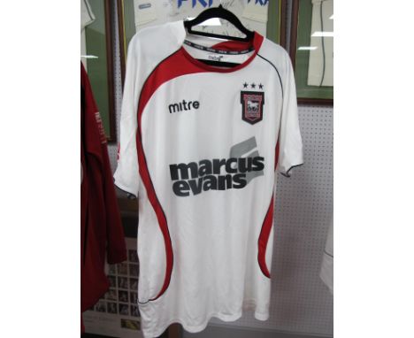 Alan Quinn Ipswich Town White Match Shirt by Mitre, bearing 'Marcus Evans' logo, 'Quinn' &amp; '25' number to back, Coca Cola