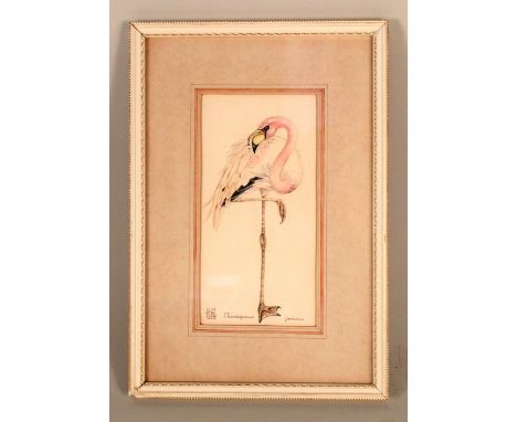 A pencil sketch and watercolour of a James Flamingo signed C.M. from E.B. Luard 1979