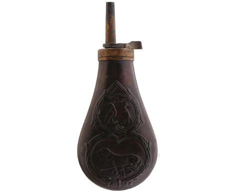 AN AMERICAN EMBOSSED POWDER FLASK, decorated with dogs and game, probably the American Flask &amp; Cap Company, some minor de