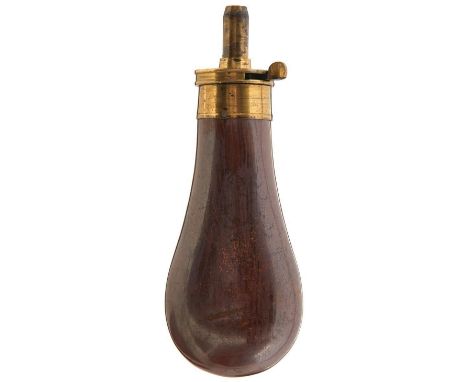 A CLEAN PERCUSSION PISTOL POWDER FLASK, the pear-shaped copper body retaining most of its original finish, gilt brass top sta