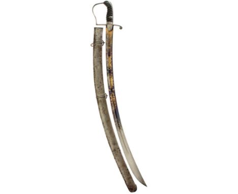 A 1796 PATTERN LIGHT CAVALRY OFFICER'S SWORD, 83cm curved blade decorated with floral sprays, stands of arms, a cavalry offic