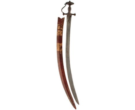 A 19TH CENTURY TULWAR, 77.5cm curved blade, probably damascus and double edged towards the tip, characteristic hilt with scro