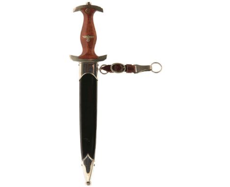 A THIRD REICH NSKK DAGGER, 22cm clean blade etched with motto and maker's mark, characteristic white metal mounted holbein hi