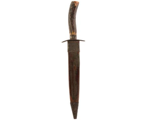 AN ANTIQUE BOWIE KNIFE BY UNWIN &amp; RODGERS, 21.25cm blade stamped with the manufacturer's details, stained and pitted, nat