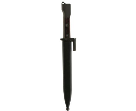 AN X2 BAYONET, 20cm clean blade, two-piece riveted wooden grips, contained in its steel scabbard, the tang stamped X2 E1 9803