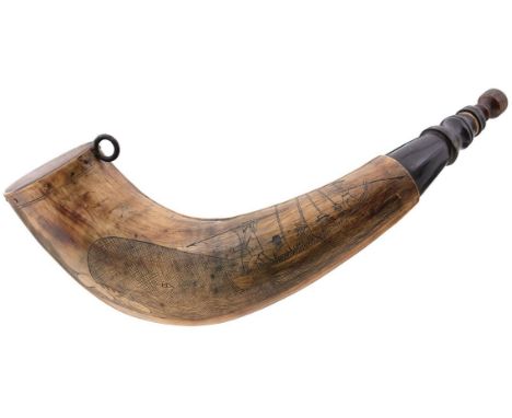 A 19TH CENTURY POWDER HORN, with later whaling scene decoration, a gunner's priming flask and a gunner's powder horn, nozzle 