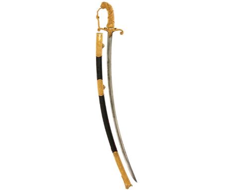 A FINE EARLY 19TH CENTURY AUSTRIAN OFFICER'S SWORD, 80cm curved slender blade etched with scrolling foliage and crowned F cyp