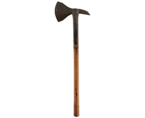 A 19TH CENTURY NAVAL BOARDING AXE, 11cm broad head with downturned opposing fluke, 18cm riveted reinforcing straps, the head 
