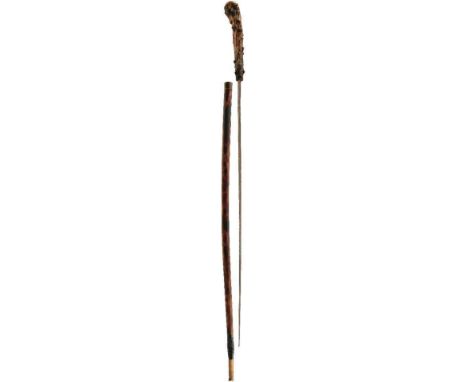 A BRIAR HEADED SWORD STICK OF TALL PROPORTIONS, 75cm triangular section incurved blade, pitted and patinated, later haft, spl