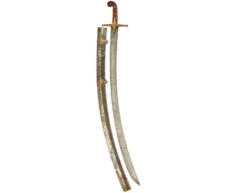 A GEORGIAN OFFICER'S MAMELUKE BY HAMBURGER, 82.5cm curved blade frost etched with scrolling foliage, stands of arms, a cavalr