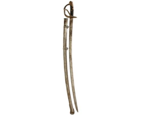 A CONTINENTAL CAVALRY TROOPER'S SWORD, 86cm curved fullered blade by ALEX COPPEL, regulation three-bar brass hilt, ribbed lea