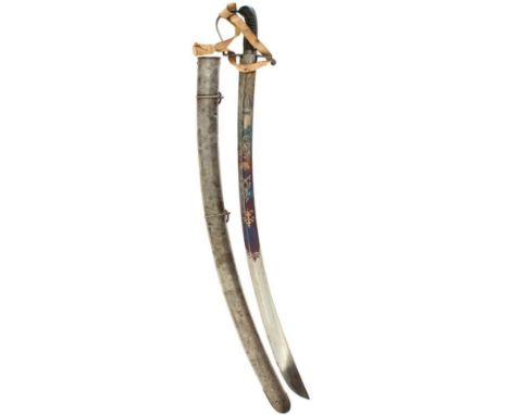 A 1796 PATTERN LIGHT CAVALRY OFFICER'S SWORD, 84cm curved blade decorated with scrolling foliage, stands of arms, a cavalry o