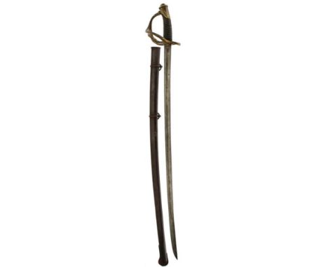 AN AMERICAN OR CONTINENTAL CAVALRY SABRE, 84.5cm curved fullered blade, regulation brass three-bar hilt decorated with scroll