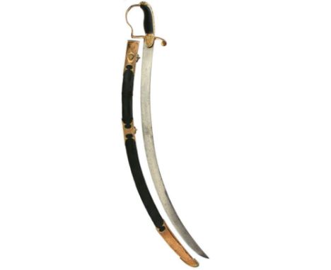 A GEORGIAN OFFICER'S SWORD BY TATHAM, 77.5cm sharply curved blade decorated with scrolling foliage, a stand of arms, an infan