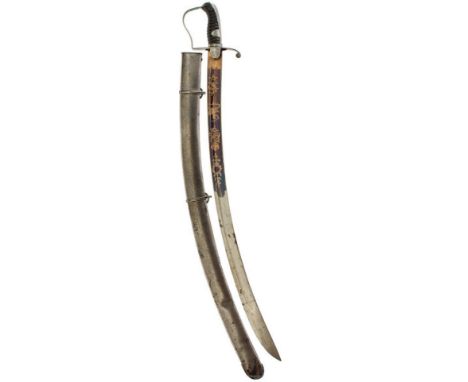 A 1796 PATTERN LIGHT CAVALRY OFFICER'S SWORD, 82.5cm curved blade decorated with foliage, trophies, a cavalry officer, crowne