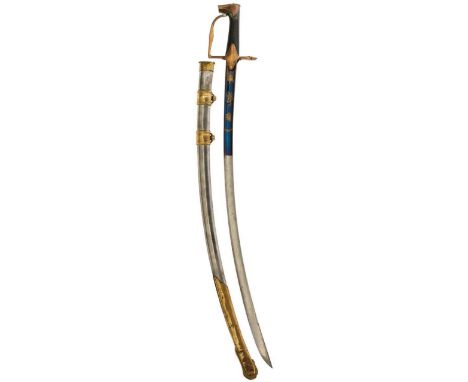 A GEORGIAN LIGHT DRAGOON OFFICER'S BLUED AND GILT SWORD, 83cm curved blade decorated with a stand of arms, a laurel wreath an