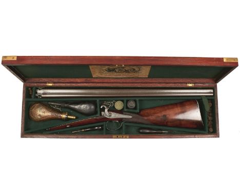 A CASED 15-BORE DOUBLE BARRELLED PERCUSSION SPORTING GUN BY JAMES WILKINSON, 29inch sighted damascus browned barrels engraved