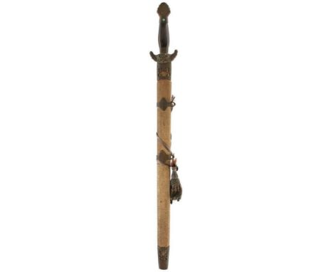 A 19TH CENTURY CHINESE JIAN OR SHORT SWORD, 45cm flattened diamond section blade incised with a wavy line and seven inset cop